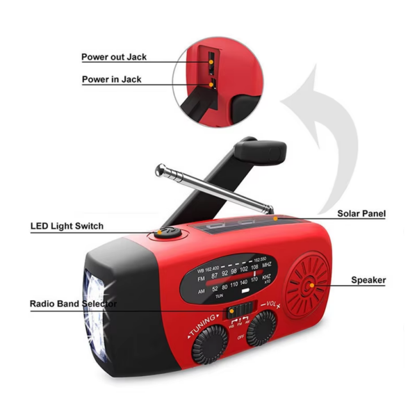 Solar Hand Crank RADIO Receiver US Mini Portable AM/FM Weather Radio with Multifunctional Flashlight Emergency Power Supply/Bank - Image 6