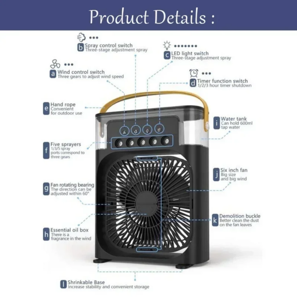 Portable Air Conditioner Fan Household Hydrocooling Water Mist Cooler Portable Air Adjustment for Office 3 Speed Fan - Image 6